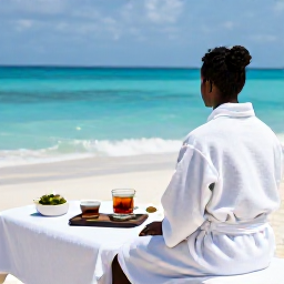 Caribbean Holidays, Haiti Spa Breaks, Traveller enjoying a relaxed spa day near a Haitian beach, with herbal tea, white robes and turquoise water in the background