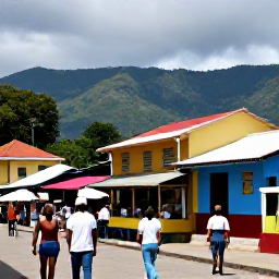 Caribbean Holidays, Haiti Spa Breaks, Travellers enjoying a calm cultural excursion in Haiti, with colourful local buildings, market stalls and mountains beyond