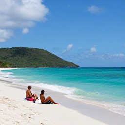 Caribbean Holidays, Haiti Spa Breaks, Travellers relaxing on a quiet Haitian beach in June, with turquoise water, green hills and light clouds overhead