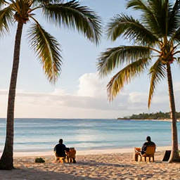 Caribbean Holidays, Haiti Spa Breaks, Visitors enjoying a calm December morning at a Haitian beach, with palm trees, clear water and a relaxed atmosphere