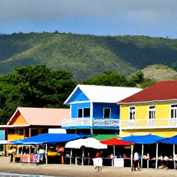 Caribbean Holidays, Haiti Spa Breaks, Visitors exploring a colourful Haitian coastal town in April, with historic buildings, local market stalls and tropical hills in the distance