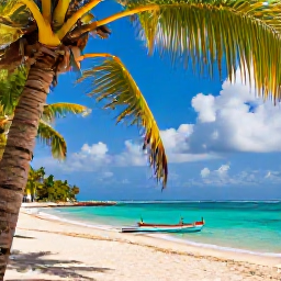 Caribbean Holidays, Haiti Tours August, Colourful Haitian coastline with palm trees, warm turquoise water and a small traditional fishing boat