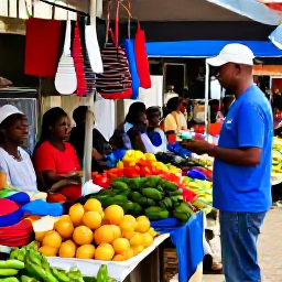 Caribbean Holidays, Haiti Tours August, Friendly local guide speaking with visitors at a colourful Haitian market, with fresh produce and handmade crafts