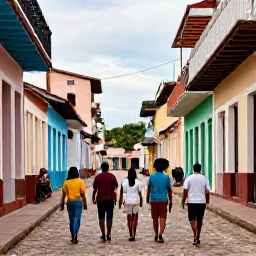 Caribbean Holidays, Haiti Tours August, Guided travellers walking through the historic streets of Jacmel, Haiti, with colourful buildings and local life