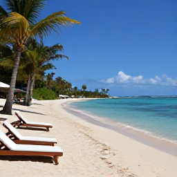 Caribbean Holidays, Haiti Tours August, Quiet sandy beach near Labadee, Haiti, with clear blue water, tropical vegetation and sun loungers