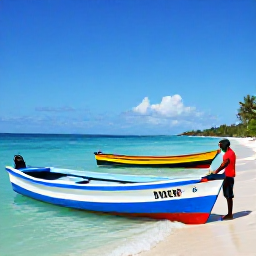 Caribbean Holidays, Haiti Tours, Colourful boats and a welcoming guide beside the Caribbean coast in Haiti, bright daylight, authentic travel photography