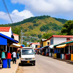 Caribbean Holidays, Haiti Tours, Colourful Haitian street scene in Port-au-Prince with local markets, tap-tap buses and tropical hills in the background
