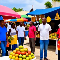 Caribbean Holidays, Haiti Tours, Friendly Haitian guide leading a small group through a colourful market with tropical fruit and local crafts