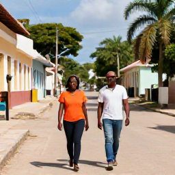 Caribbean Holidays, Haiti Tours January, Happy travellers walking through a sunny Haitian town with a local guide, surrounded by tropical scenery