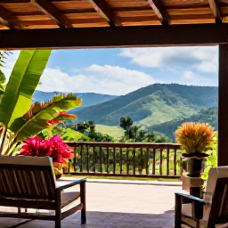 Caribbean Holidays, Haiti Tours July, Comfortable small hotel terrace in Haiti with tropical plants, shaded seating and a view towards green hills