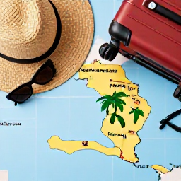 Caribbean Holidays, Haiti Tours June, Friendly travel planning scene showing a map of Haiti, a small suitcase and tropical travel essentials on a table