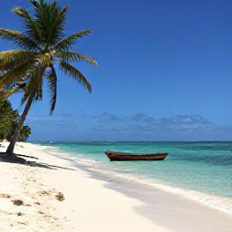 Caribbean Holidays, Haiti Tours June, Quiet Haitian beach with clear turquoise water, palm trees and a small wooden boat beneath a tropical June sky