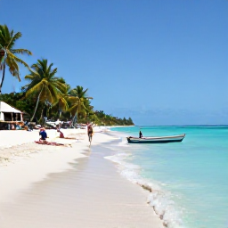 Caribbean Holidays, Haiti Tours March, Palm-fringed Haitian beach with clear turquoise water, a small fishing boat and visitors relaxing in warm March sunshine