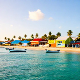 Caribbean Holidays, Haiti Tours May, Colourful Haitian coastal town beside turquoise Caribbean water, with local fishing boats, palms and bright morning light