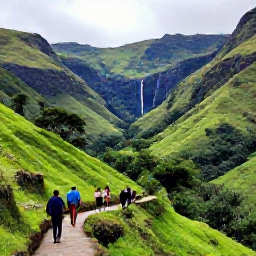 Caribbean Holidays, Haiti Tours May, Haitian mountain landscape with lush green hills, a waterfall and travellers walking on a scenic path