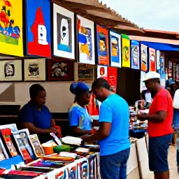 Caribbean Holidays, Haiti Tours November, Colourful artwork and artisan stalls in a lively Haitian market, with visitors browsing handmade crafts