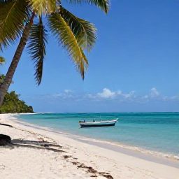 Caribbean Holidays, Haiti Tours November, Quiet tropical beach in Haiti with turquoise water, palms and a small traditional fishing boat