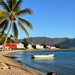Caribbean Holidays, Haiti Tours October, Colourful Haitian coastal town in October sunshine, with palm trees, local boats and mountains in the distance
