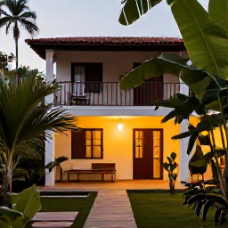 Caribbean Holidays, Haiti Tours October, Comfortable boutique guesthouse courtyard in Haiti with tropical plants, shaded seating and warm evening light