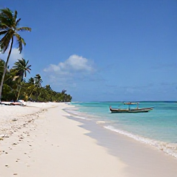 Caribbean Holidays, Haiti Tours October, Quiet Haitian beach with turquoise water, soft sand, palm trees and a small traditional fishing boat