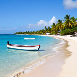 Caribbean Holidays, Haiti Tours, Palm-fringed Labadee coastline in Haiti with clear turquoise water, a sandy beach and small fishing boats