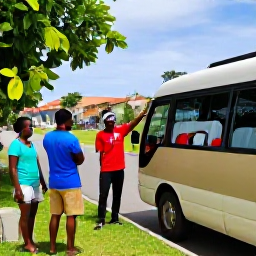Caribbean Holidays, Haiti Tours, Professional local Haitian guide speaking with travellers beside a minibus in a scenic town, friendly realistic travel photography