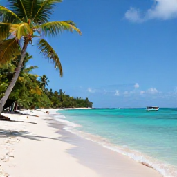 Caribbean Holidays, Haiti Tours, Quiet tropical beach in Haiti with turquoise water, palms and a small boat near shore, natural realistic holiday photograph