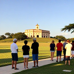 Caribbean Holidays, Haiti Tours, Small guided group visiting a Haitian landmark with a knowledgeable local guide, warm daylight and scenic surroundings