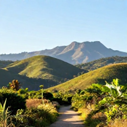 Caribbean Holidays, Haiti Walking Holidays, A broad landscape of Haiti in October, showing green hills, tropical vegetation, distant mountains and a clear walking trail under warm daylight