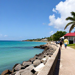 Caribbean Holidays, Haiti Walking Holidays, A coastal walking route in Haiti with turquoise water, rocky shoreline and a small fishing community under a bright May sky