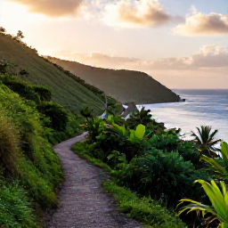 Caribbean Holidays, Haiti Walking Holidays, A coastal walking trail in Haiti at sunrise, with green hills, tropical vegetation and the Caribbean Sea in the distance