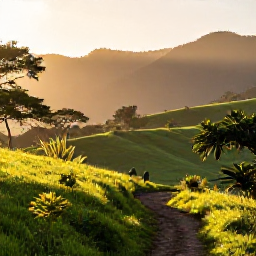 Caribbean Holidays, Haiti Walking Holidays, A December walking trail through Haiti's green hills, with tropical vegetation, distant mountains and warm morning light