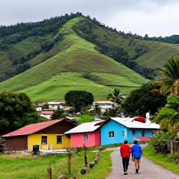 Caribbean Holidays, Haiti Walking Holidays, A friendly Haitian village beside a walking route, with travellers greeting local people and colourful homes set among green hills
