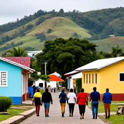 Caribbean Holidays, Haiti Walking Holidays, A friendly Haitian village scene with walkers meeting local residents, colourful homes and tropical hills in the background