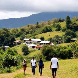 Caribbean Holidays, Haiti Walking Holidays, A guided group hiking through lush Haitian mountain countryside, passing farms and a welcoming village