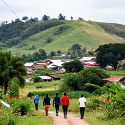 Caribbean Holidays, Haiti Walking Holidays, A guided group walking through Haiti&rsquo;s lush countryside, passing small farms and a rural village beneath tropical hills