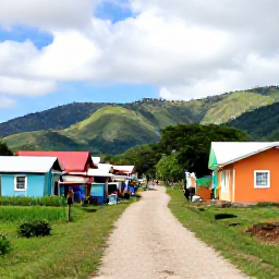 Caribbean Holidays, Haiti Walking Holidays, A Haitian rural village beside a walking path, with colourful houses, market activity and green hills under a bright cloudy sky