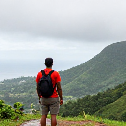 Caribbean Holidays, Haiti Walking Holidays, A hiker looking across Haiti&rsquo;s green mountains towards the Caribbean Sea after a light June rain shower