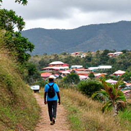 Caribbean Holidays, Haiti Walking Holidays, A local guide leading travellers along a hillside path above Haiti's countryside, with traditional villages and mountains in the background
