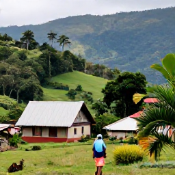 Caribbean Holidays, Haiti Walking Holidays, A local guide leading travellers through a green Haitian hillside village, with traditional homes, tropical plants and mountain scenery
