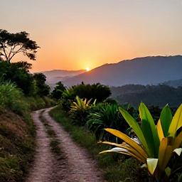 Caribbean Holidays, Haiti Walking Holidays, A peaceful sunset over Haiti's mountainous countryside, viewed from a walking trail with tropical plants in the foreground