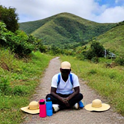 Caribbean Holidays, Haiti Walking Holidays, A prepared walking holiday lunch and water bottles beside a trail in Haiti, with sun hats and green hills in the background