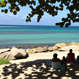 Caribbean Holidays, Haiti Walking Holidays, A quiet Haitian coastline seen from a walking route, with rocky shore, turquoise water and walkers resting in the shade