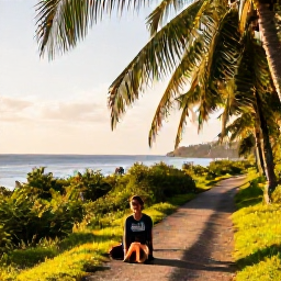 Caribbean Holidays, Haiti Walking Holidays, A relaxed walker resting beside a Caribbean trail in Haiti, with palms, warm sunlight and a view towards the sea