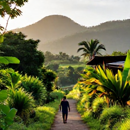 Caribbean Holidays, Haiti Walking Holidays, A scenic walking trail through Haiti's green mountain countryside in July, with tropical vegetation, distant hills and soft morning light