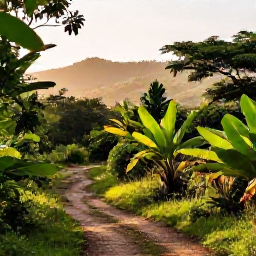 Caribbean Holidays, Haiti Walking Holidays, A scenic walking trail through Haiti's green mountain countryside in May, with tropical vegetation, distant hills and warm natural light