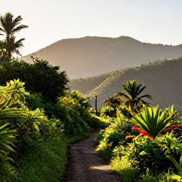 Caribbean Holidays, Haiti Walking Holidays, A scenic walking trail through Haiti's green mountains in September, with tropical vegetation, distant hills and soft morning light