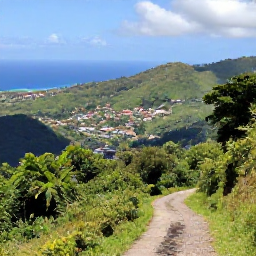 Caribbean Holidays, Haiti Walking Holidays, A scenic walking trail through Haiti&rsquo;s green mountains, with local villages and the Caribbean landscape in the distance
