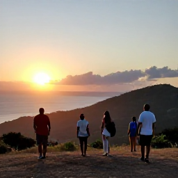 Caribbean Holidays, Haiti Walking Holidays, A small group of walkers enjoying a sunset viewpoint over Haiti's hills and coastline, with warm evening light and relaxed atmosphere