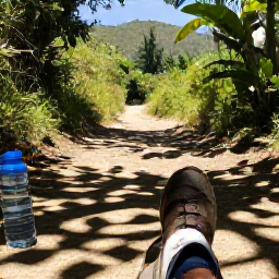 Caribbean Holidays, Haiti Walking Holidays, A well-prepared traveller resting on a shaded Haitian trail, with walking boots, water and tropical scenery